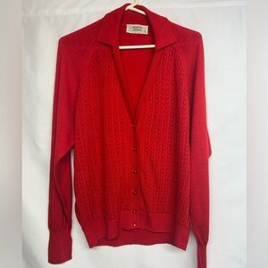 Vintage Tekau Women’s Pointelle Pure Wool Red Cardigan Sweater, New Zealand, XL